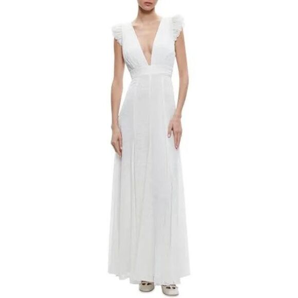 NWT Alice Olivia Vanna V-neck Ruffle Sleeve White Maxi Dress Sz 14